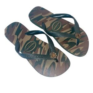 Havaiana’s Green Camo Flip Flops Crystal Adorned EUR 37/8 US 4/5 Pool beach